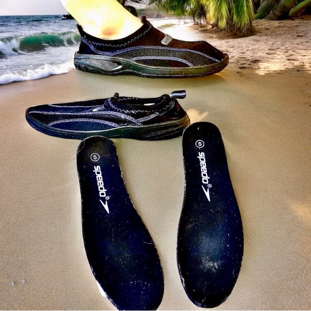 Speedo Water Shoe Summer Beach Surf Sandal Black & Blue LOGO mens 9 small